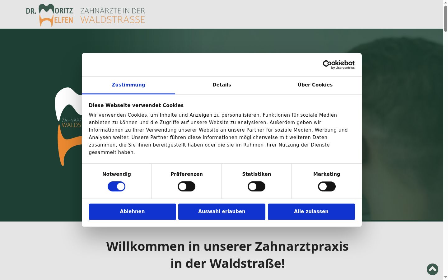 Screenshot des Einwilligungsbanners vor jeglicher Interaktion