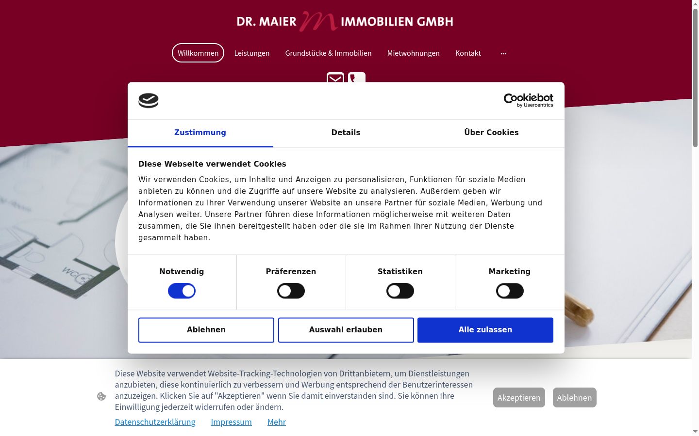Screenshot des Einwilligungsbanners vor jeglicher Interaktion