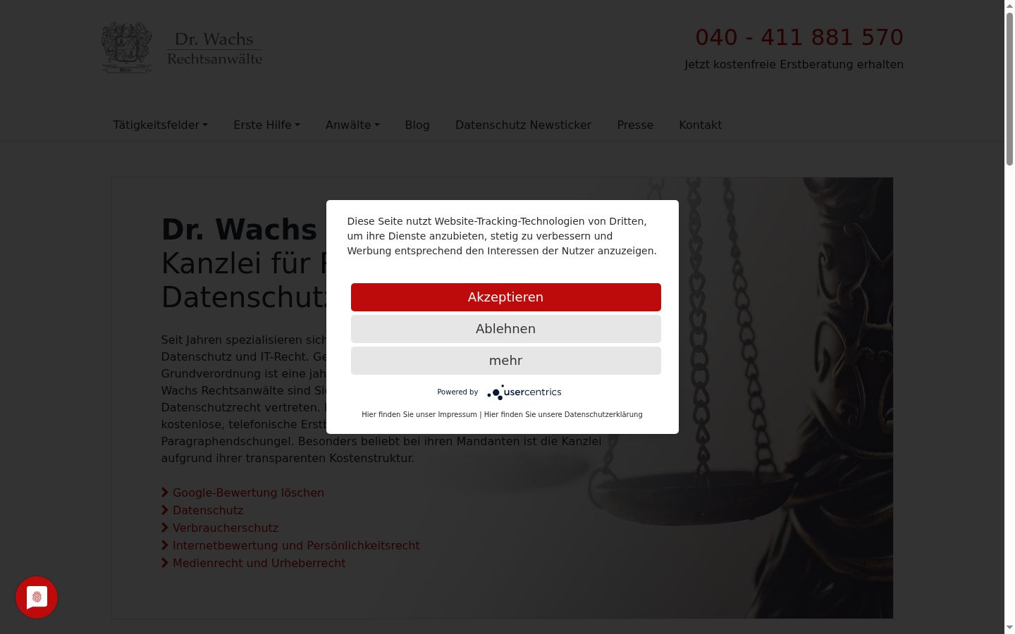 Screenshot des Einwilligungsbanners vor jeglicher Interaktion