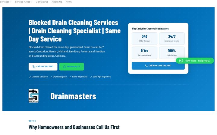 Screenshot stránky drainmasters.co.za