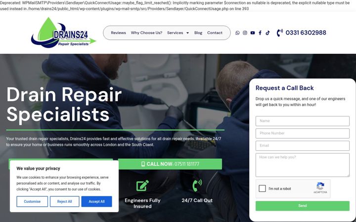 Snímek obrazovky drains24repairs.co.uk