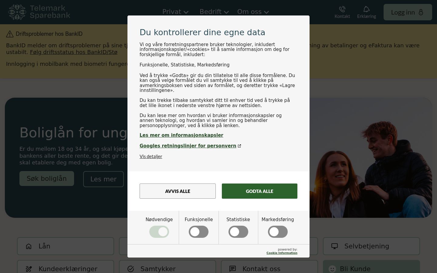 Captura de ecrã do banner de consentimento apresentado antes de qualquer interação