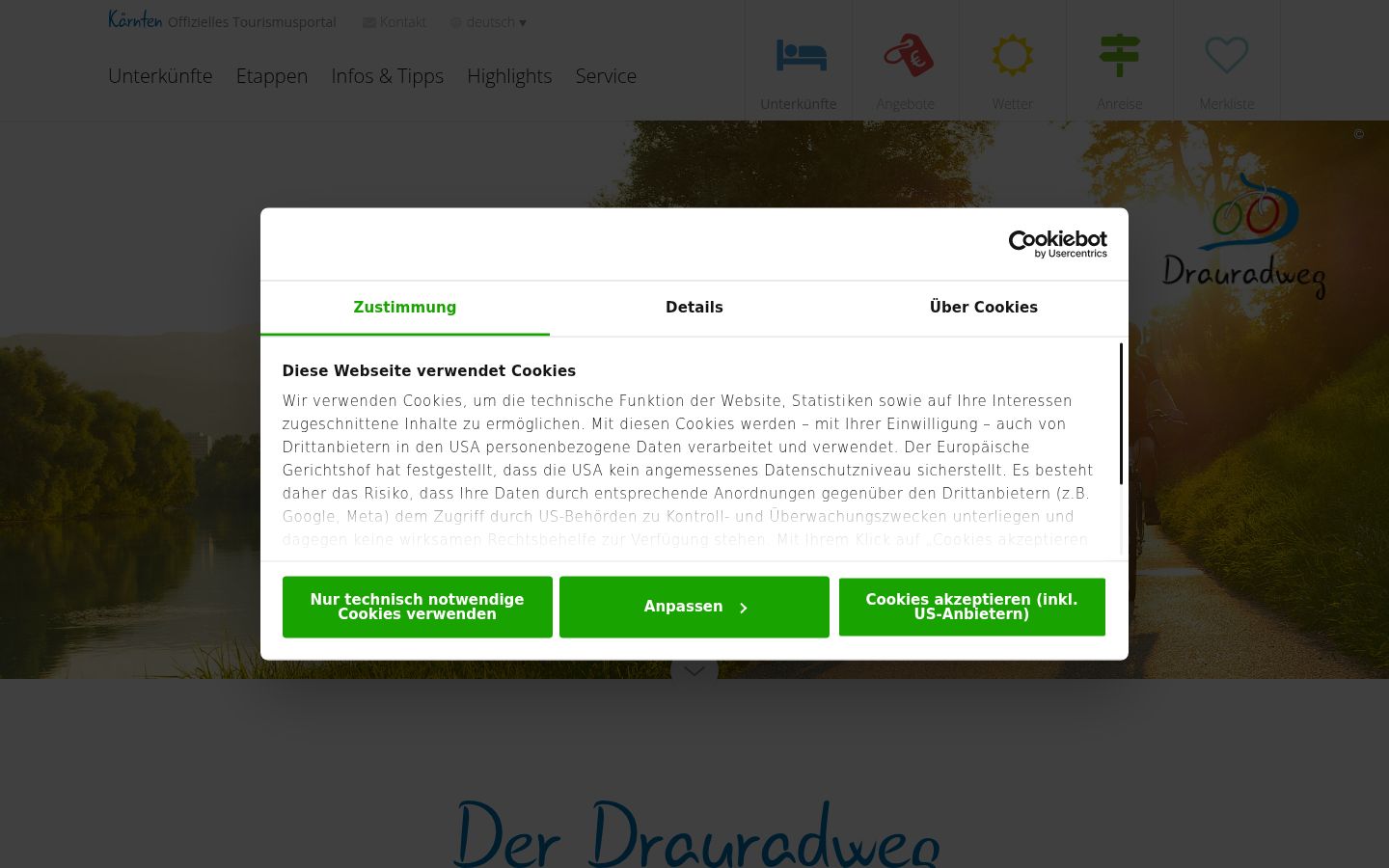 Screenshot des Einwilligungsbanners vor jeglicher Interaktion