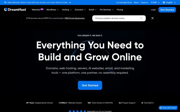 Kuvakaappaus sivustosta dreamhost.com