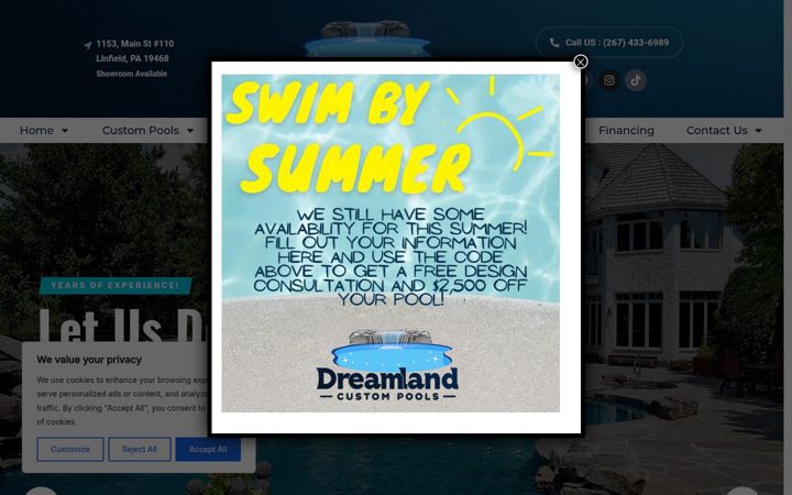 Screenshot of dreamlandcustompools.com