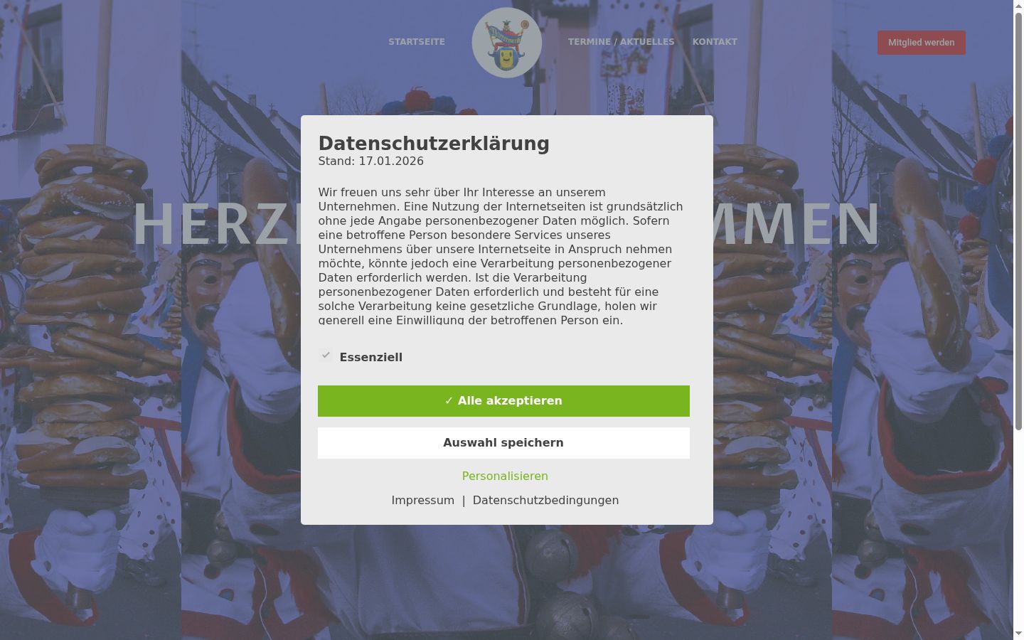 Screenshot des Einwilligungsbanners vor jeglicher Interaktion