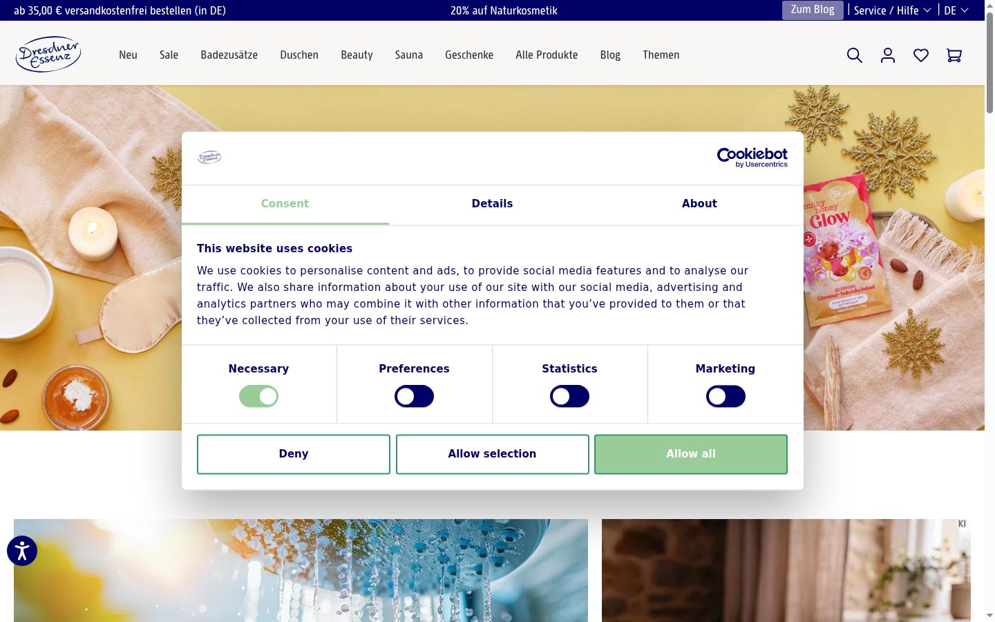 Screenshot del banner di consenso mostrato prima di qualsiasi interazione