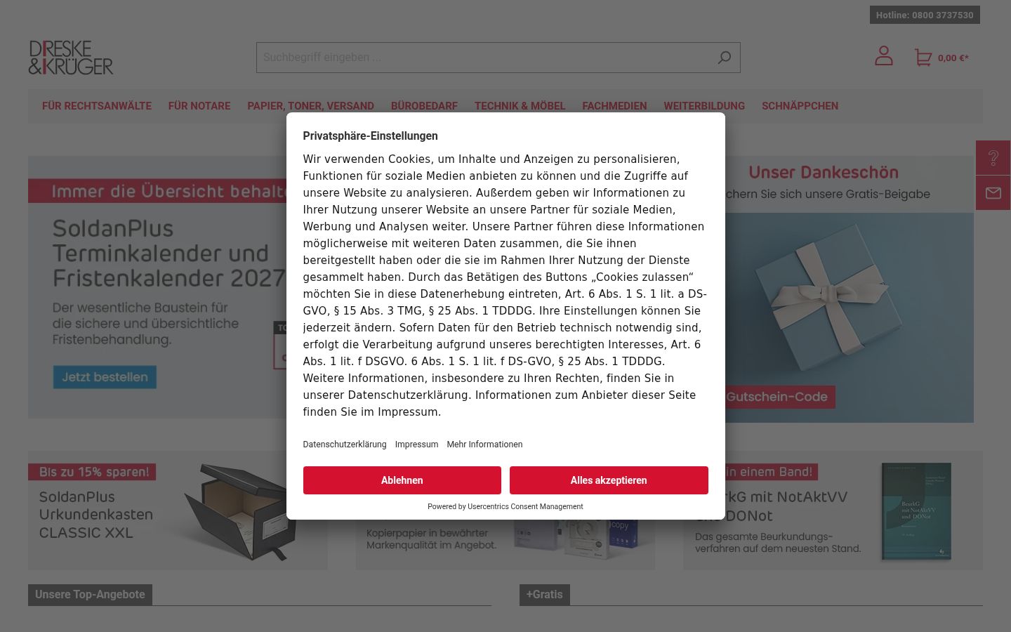 Screenshot del banner di consenso mostrato prima di qualsiasi interazione