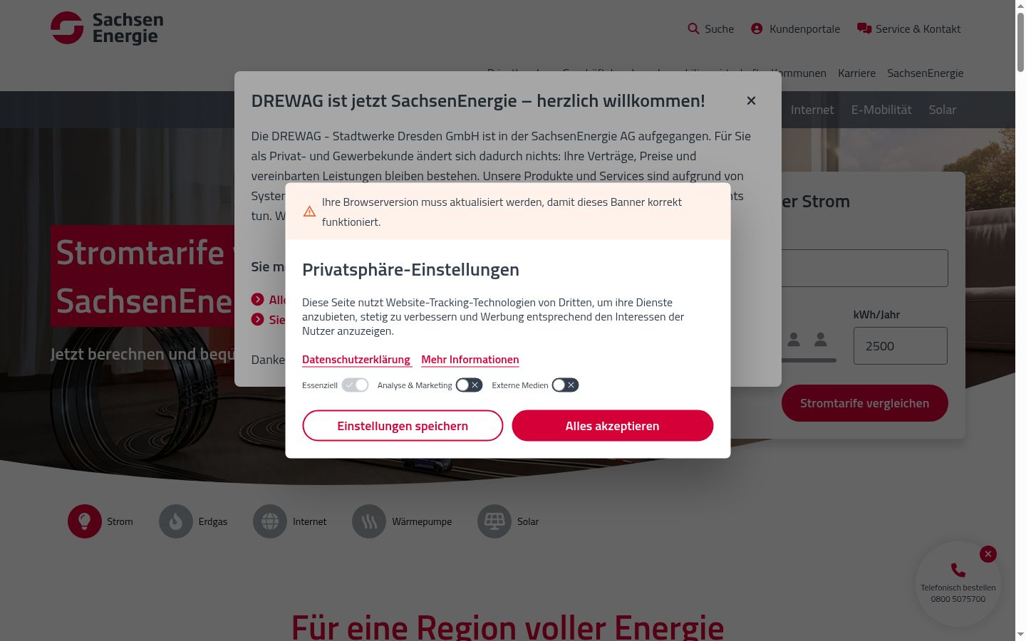 Screenshot des Einwilligungsbanners vor jeglicher Interaktion