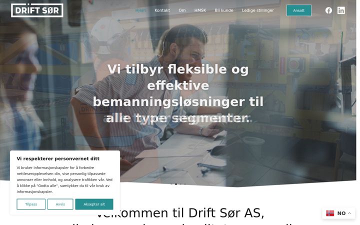 Kuvakaappaus sivustosta driftsor.no