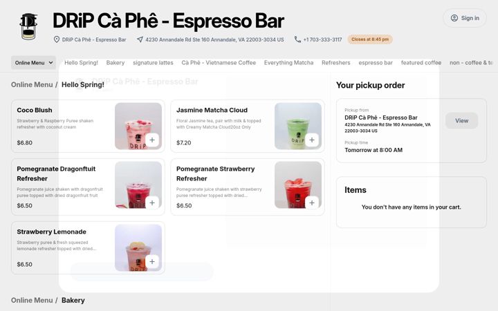 Skærmbillede af dripcaphespressobar.square.site