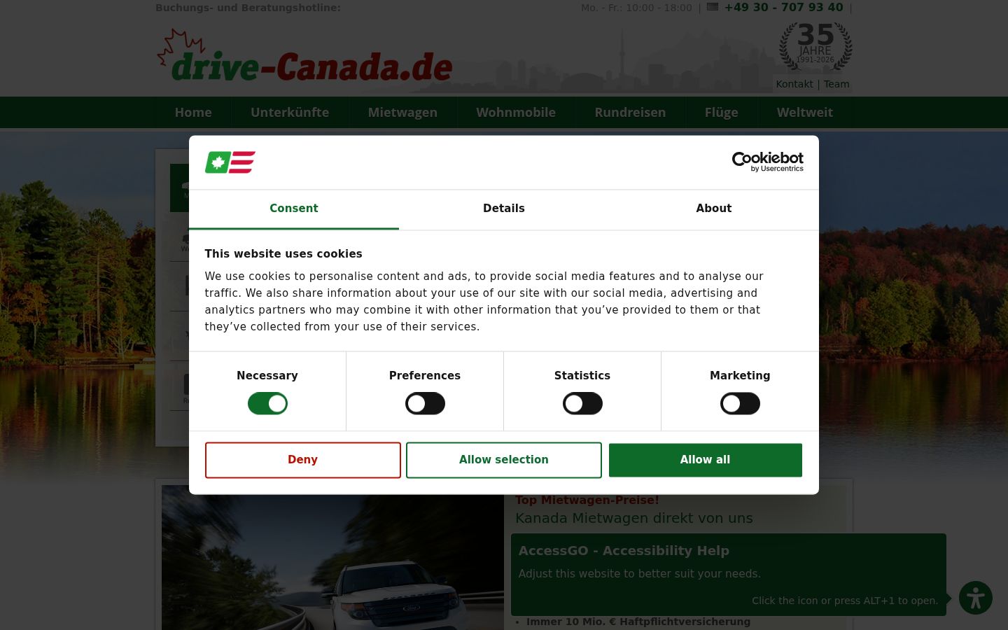 Screenshot des Einwilligungsbanners vor jeglicher Interaktion