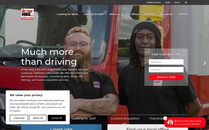 Captură de ecran a driverhire.co.uk