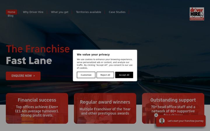 Captură de ecran a driverhirefranchise.co.uk