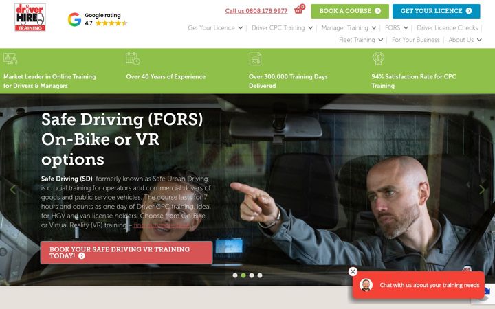 Captură de ecran a driverhiretraining.co.uk