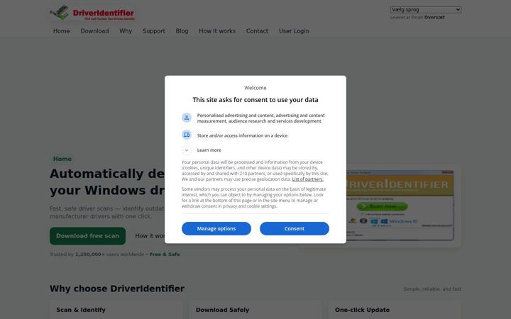Kuvakaappaus sivustosta driveridentifier.com