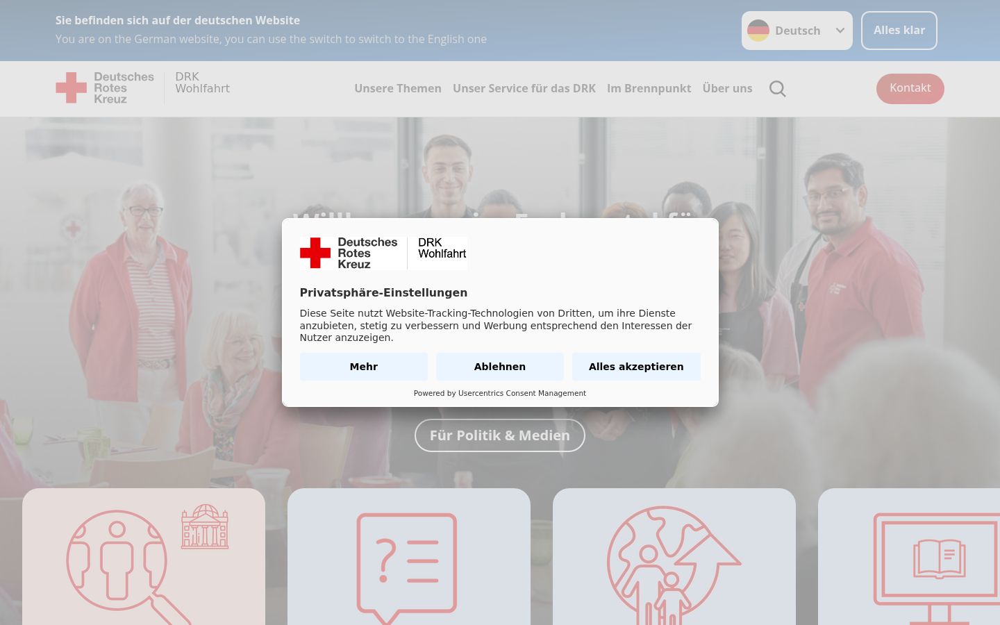 Screenshot des Einwilligungsbanners vor jeglicher Interaktion