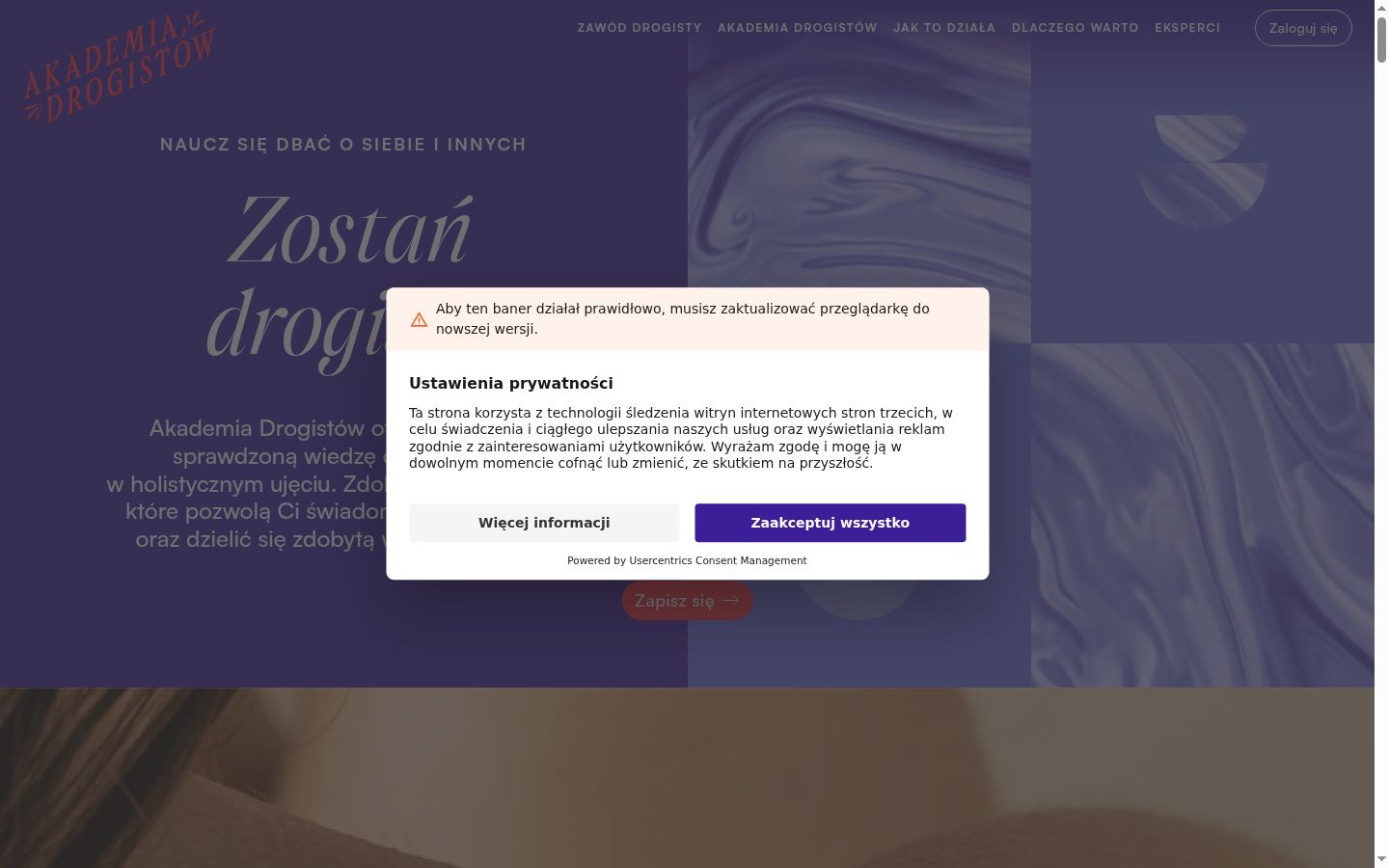Posnetek zaslona pasice za privolitev, prikazane pred kakršno koli interakcijo