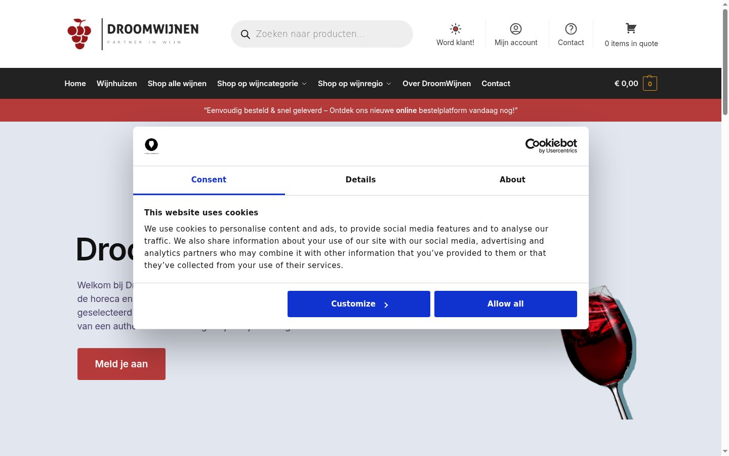 Screenshot del banner di consenso mostrato prima di qualsiasi interazione