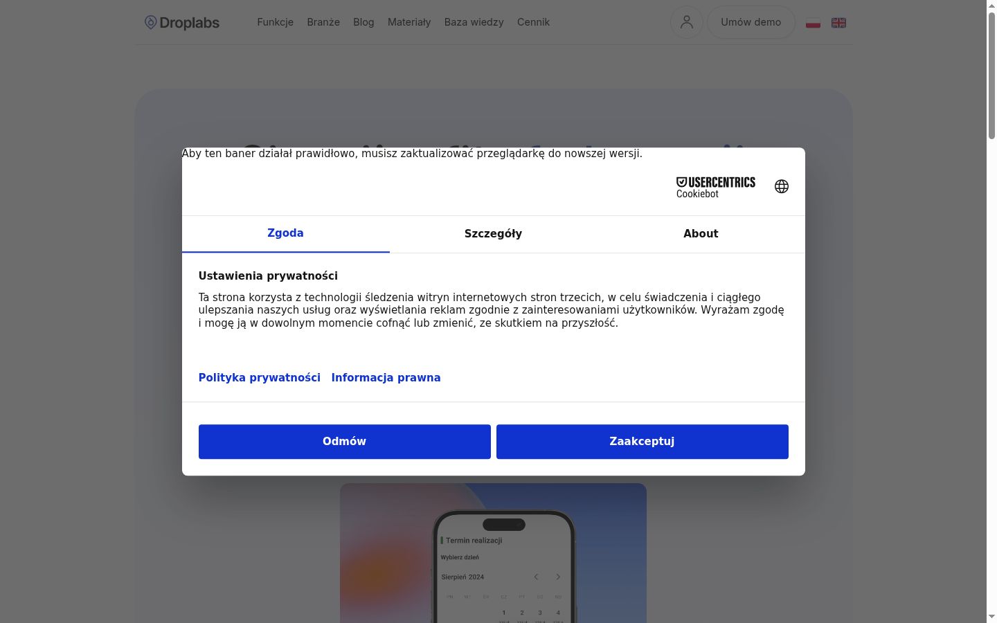 Captura de ecrã do banner de consentimento apresentado antes de qualquer interação