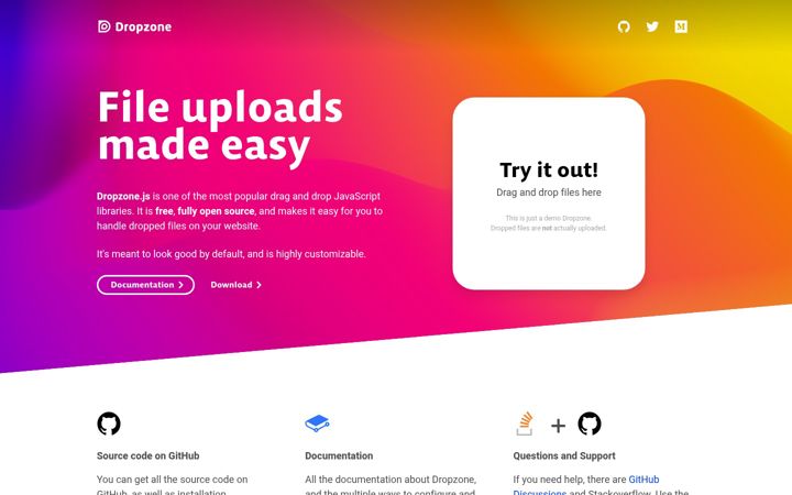 Screenshot of dropzonejs.com
