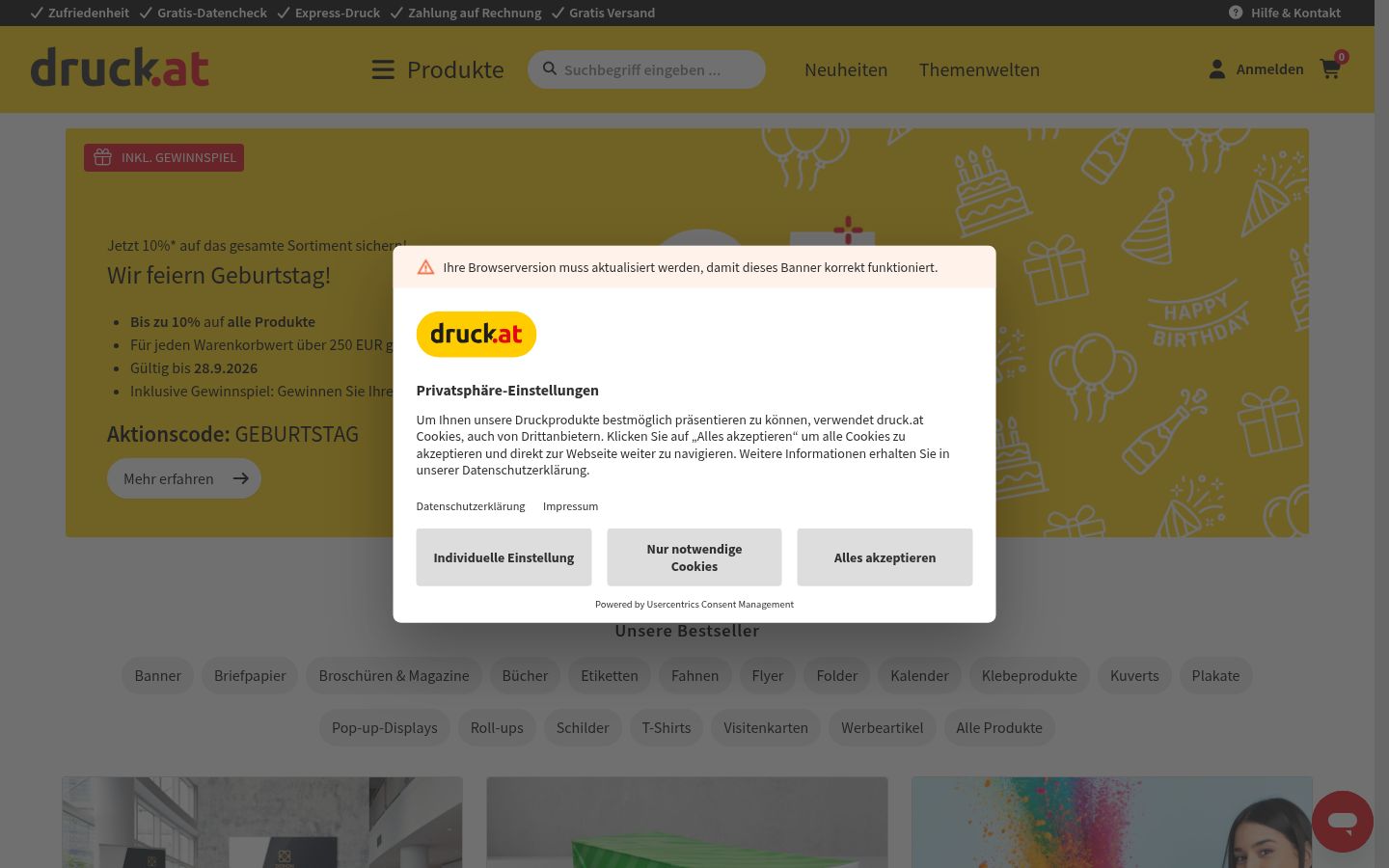 Posnetek zaslona pasice za privolitev, prikazane pred kakršno koli interakcijo