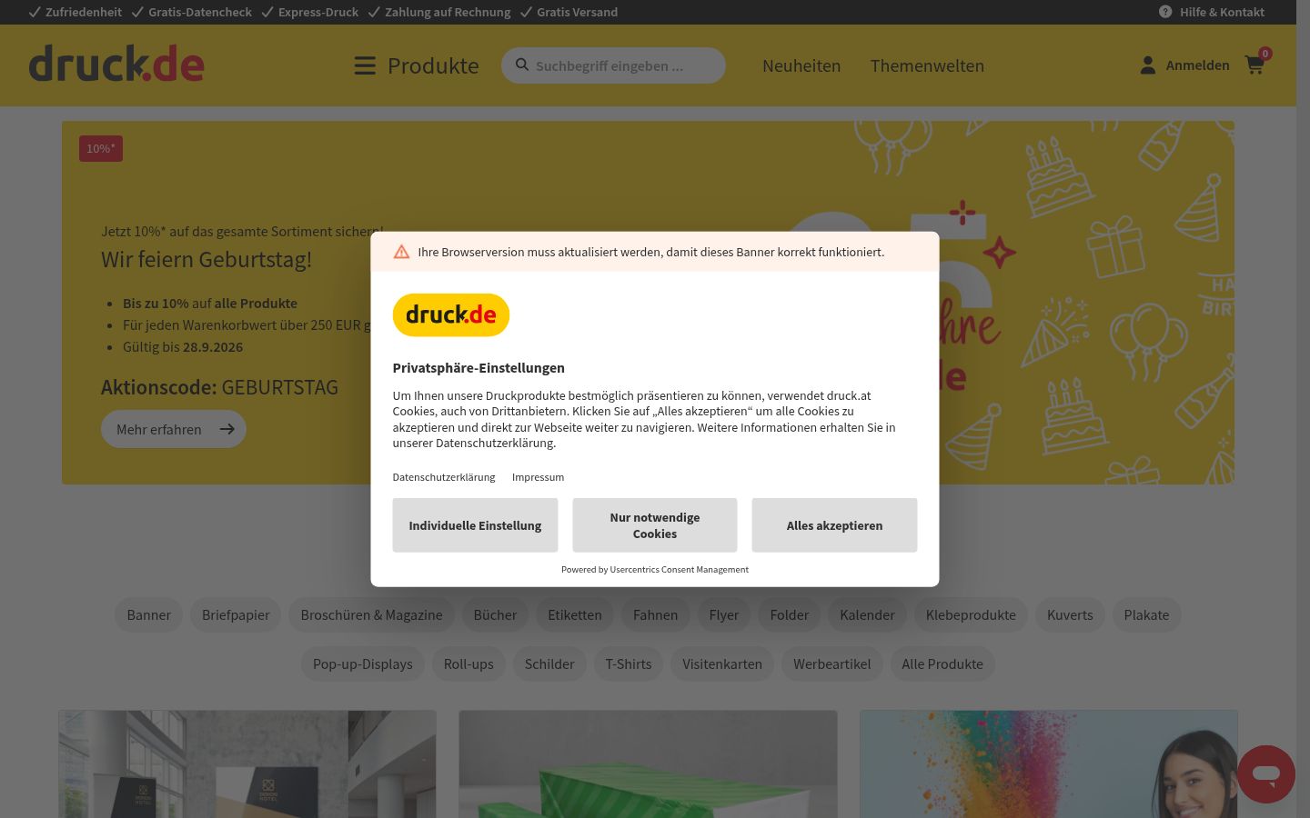 Snímek obrazovky baneru souhlasu zobrazeného před jakoukoli interakcí