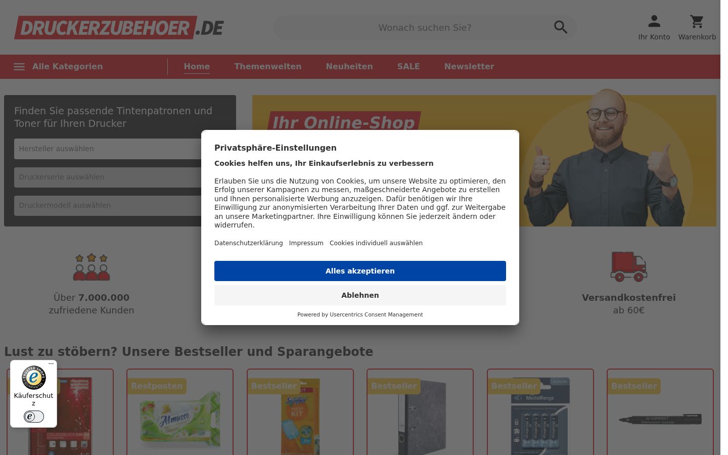 Screenshot des Einwilligungsbanners vor jeglicher Interaktion