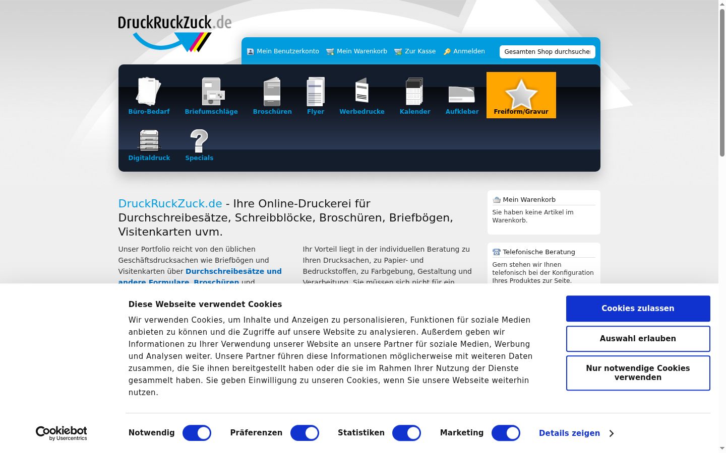 Screenshot des Einwilligungsbanners vor jeglicher Interaktion