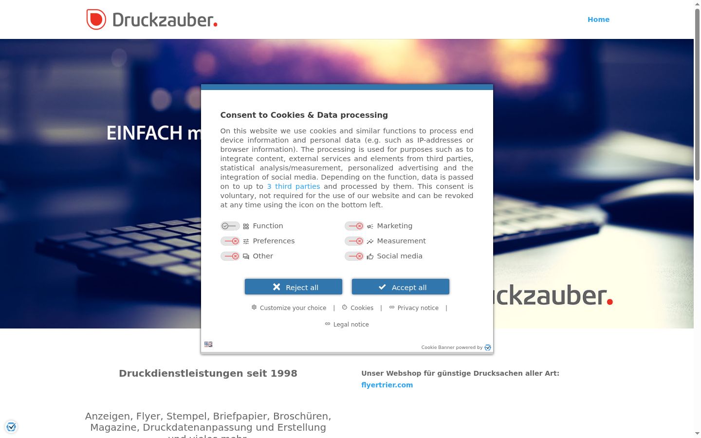 Képernyőkép a bármilyen interakció előtt megjelenő hozzájárulási bannerről