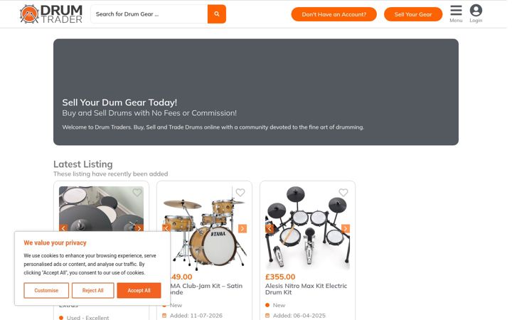 Screenshot van drumtrader.co.uk