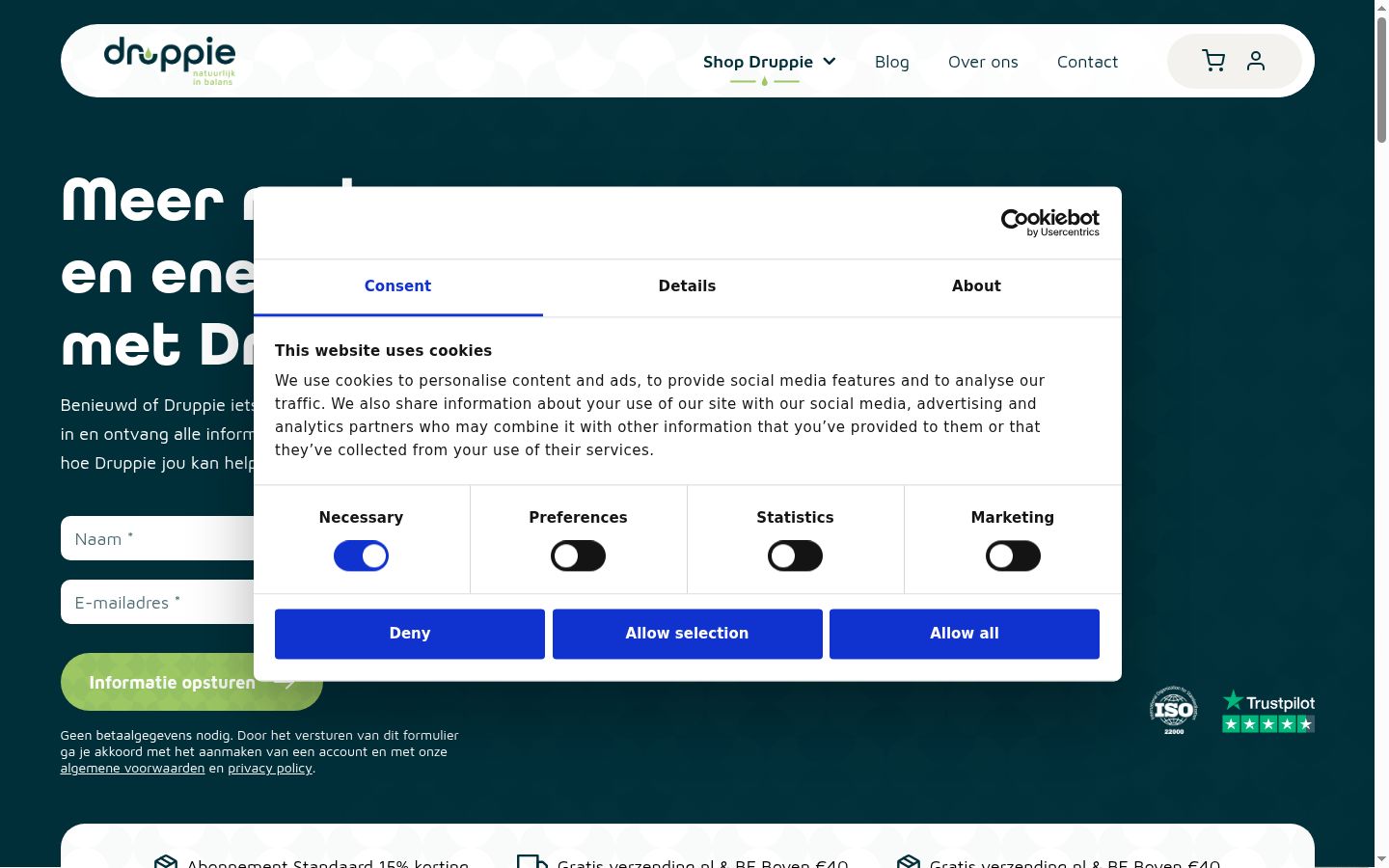Screenshot del banner di consenso mostrato prima di qualsiasi interazione