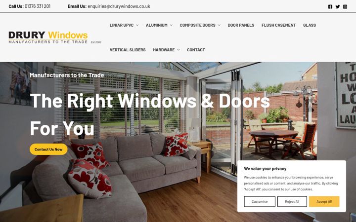 Screenshot van drurywindows.co.uk