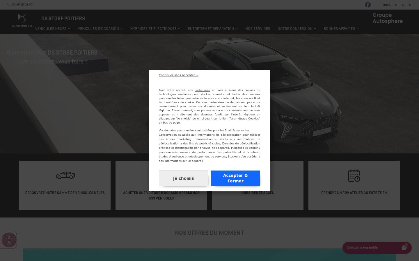 Capture d'écran de la bannière de consentement affichée avant toute interaction