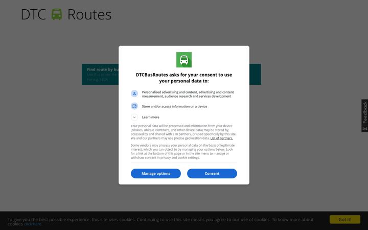 Ekrano kopija dtcbusroutes.in