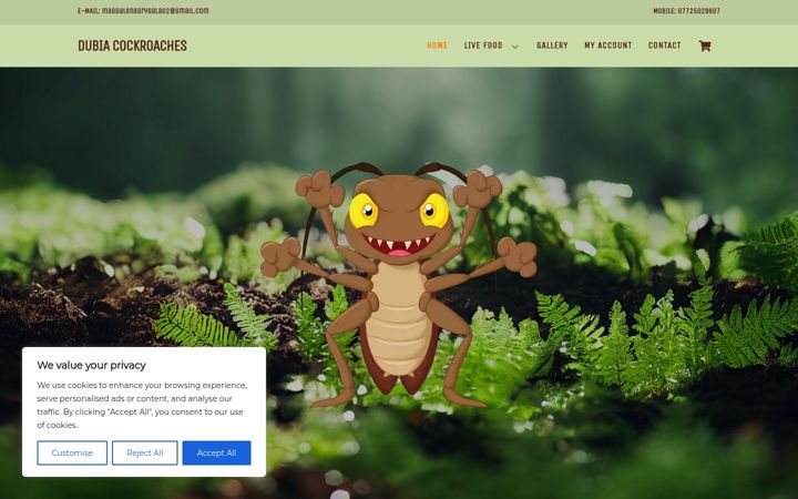 Screenshot stránky dubiacockroaches.co.uk