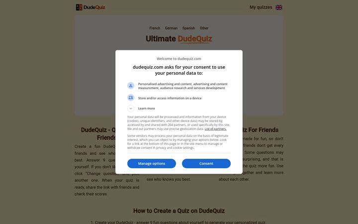 Screenshot of dudequiz.com