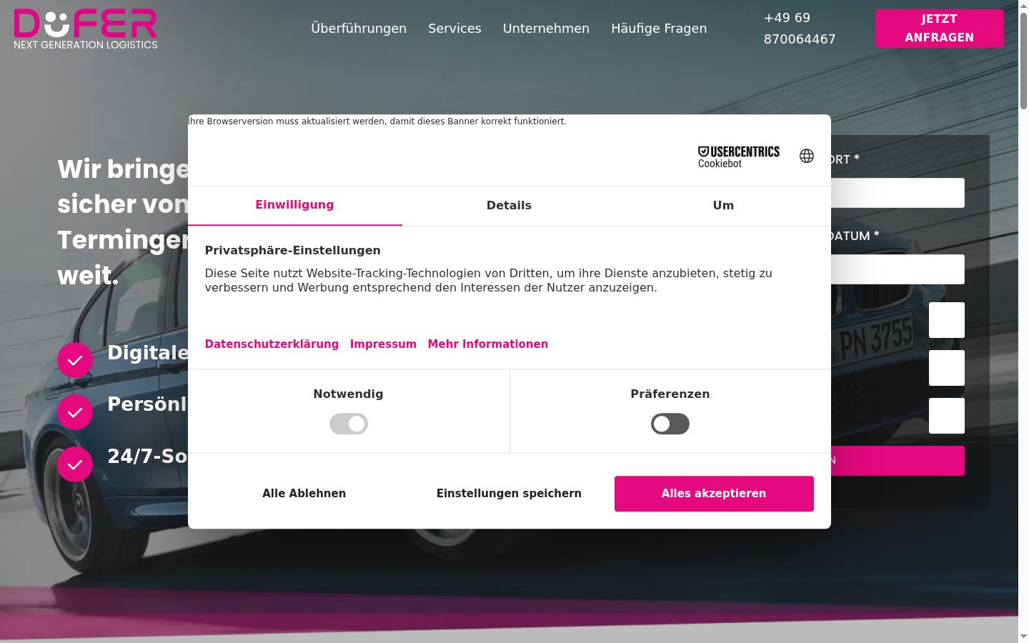 Screenshot des Einwilligungsbanners vor jeglicher Interaktion