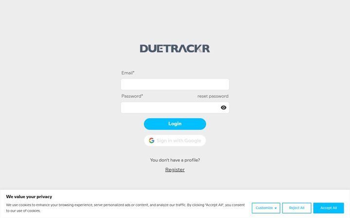 Screenshot of duetrackr.com