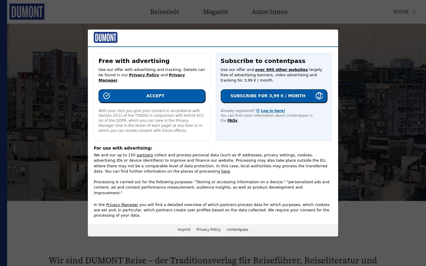 Screenshot des Einwilligungsbanners vor jeglicher Interaktion