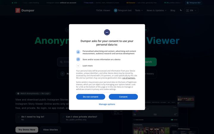 Captură de ecran a dumpor.io