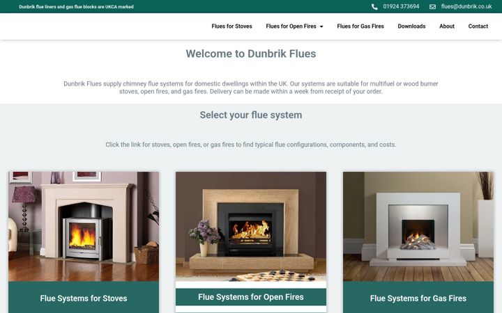 Screenshot stránky dunbrikflues.co.uk