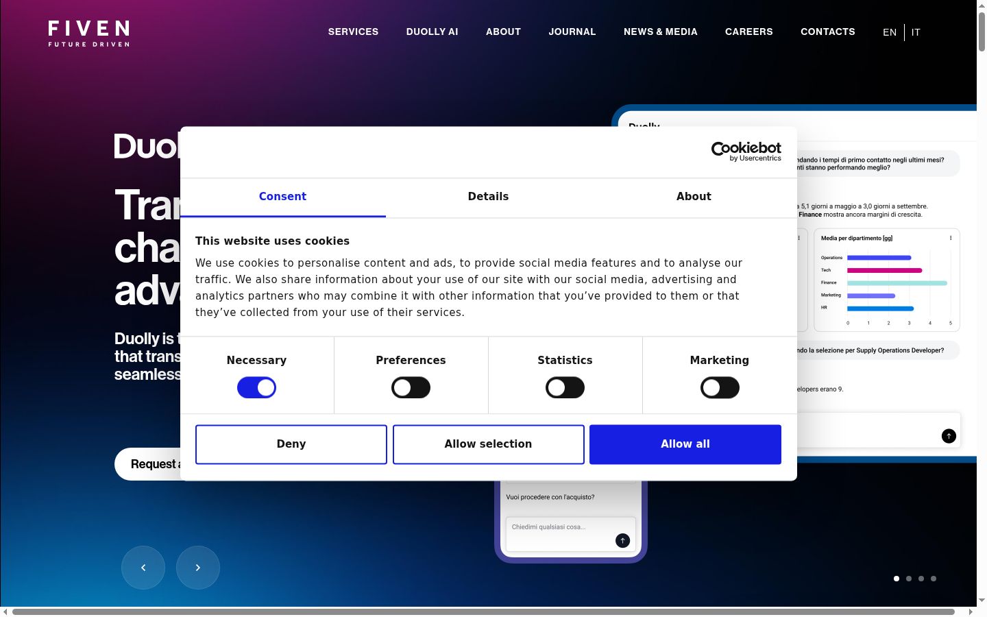 Screenshot del banner di consenso mostrato prima di qualsiasi interazione