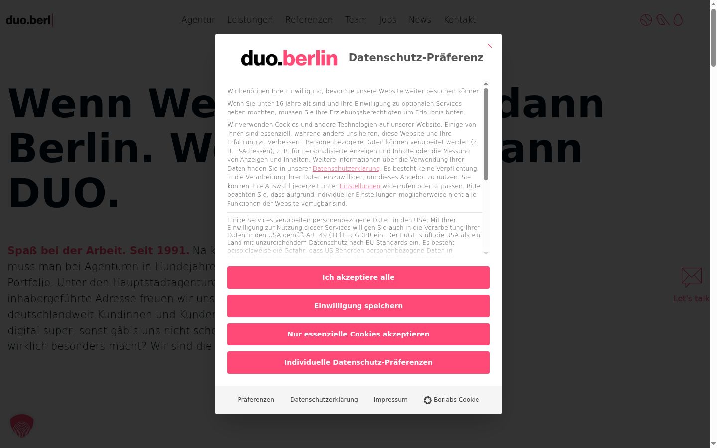 Screenshot des Einwilligungsbanners vor jeglicher Interaktion