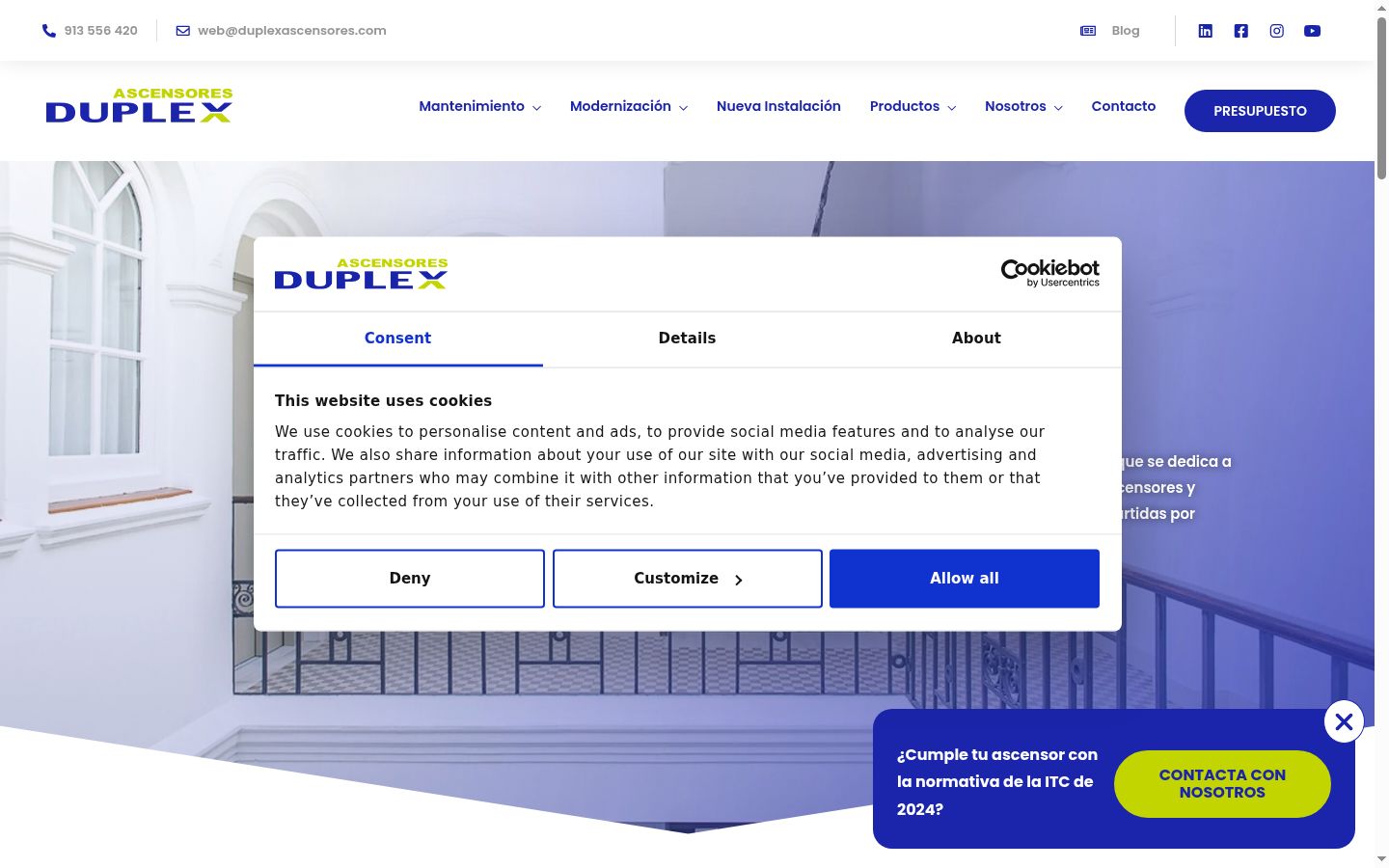 Captura de ecrã do banner de consentimento apresentado antes de qualquer interação