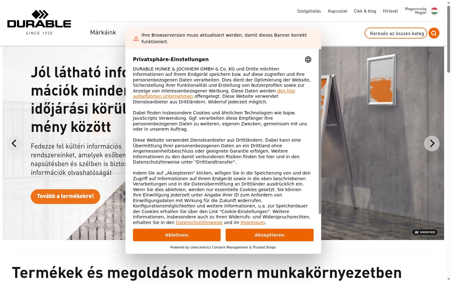 Képernyőkép a bármilyen interakció előtt megjelenő hozzájárulási bannerről