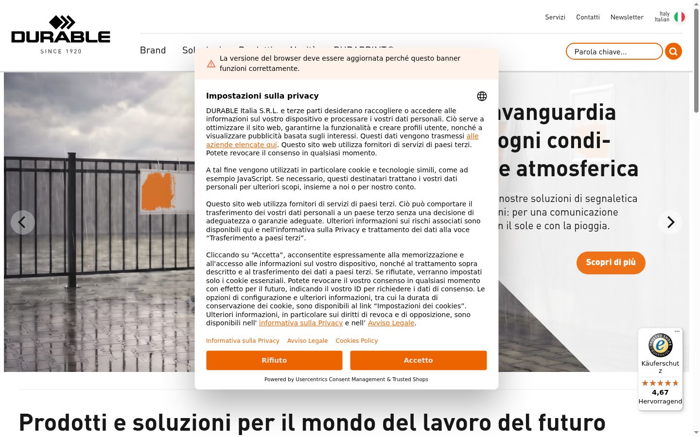 Screenshot del banner di consenso mostrato prima di qualsiasi interazione