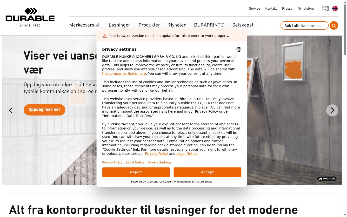 Skærmbillede af samtykkebanneret, som det blev vist før nogen interaktion