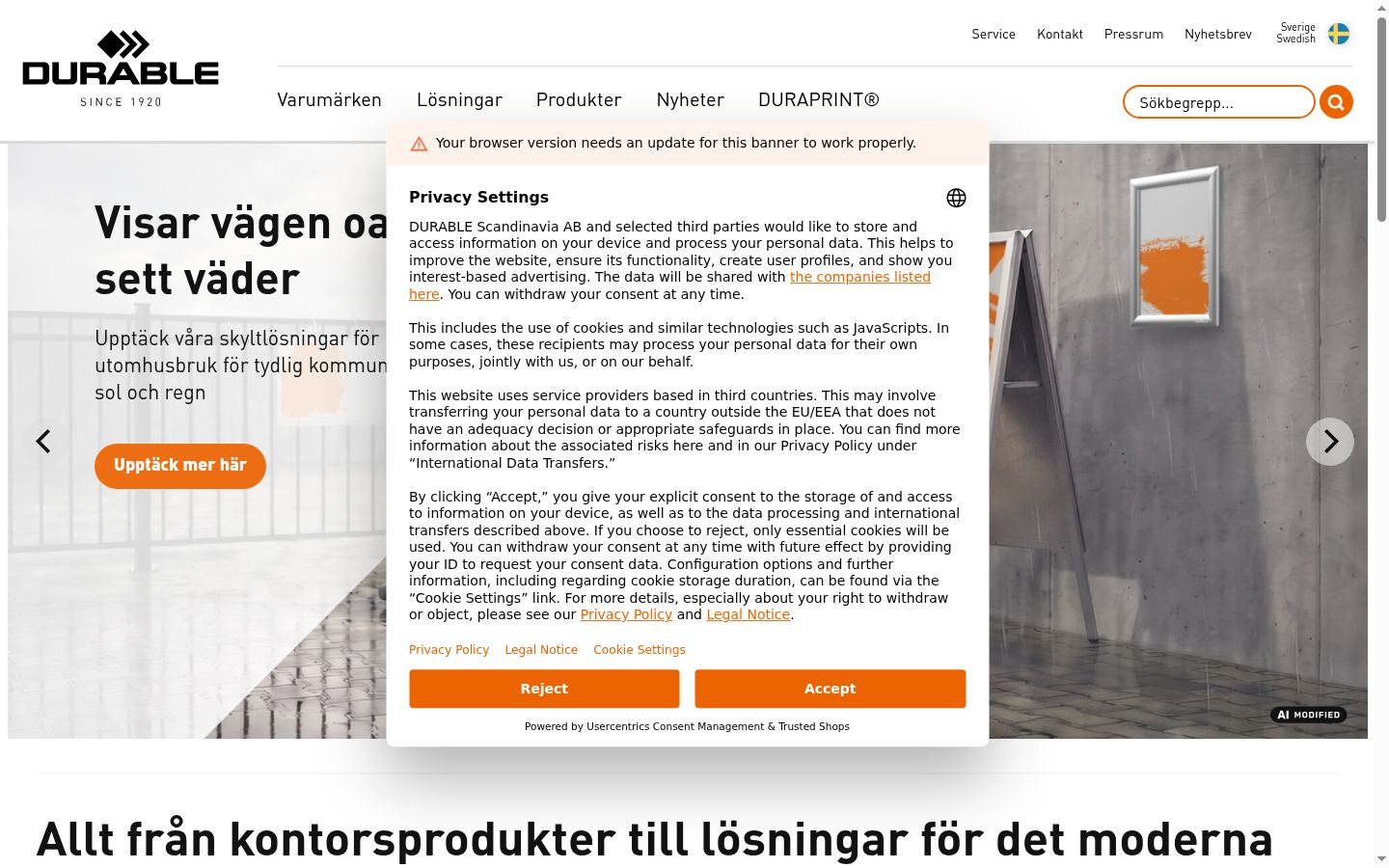 Screenshot des Einwilligungsbanners vor jeglicher Interaktion