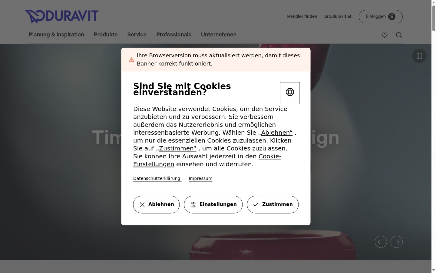 Screenshot des Einwilligungsbanners vor jeglicher Interaktion